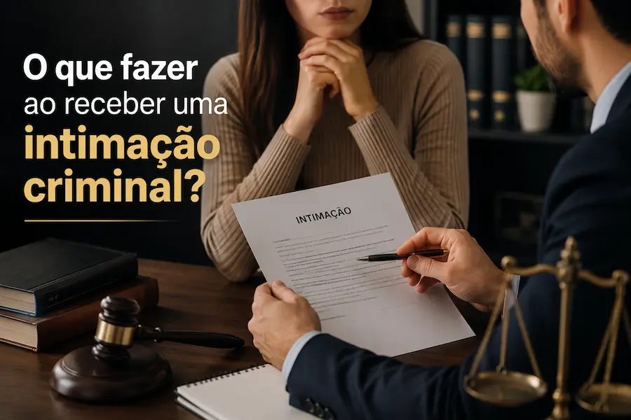 Advogado orienta cliente após o recebimento de uma intimação criminal em escritório jurídico.