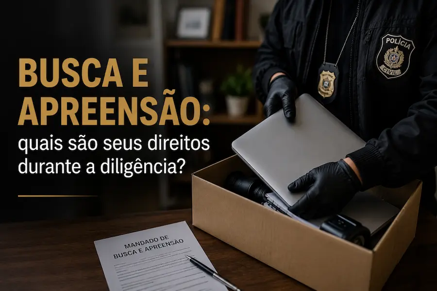 Agente da Polícia Civil realiza apreensão de notebook durante cumprimento de mandado de busca e apreensão, ao lado de documento judicial sobre uma mesa.