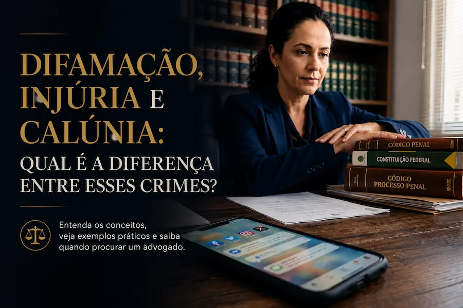 Capa de artigo jurídico com advogada em escritório, livros de direito e celular sobre a mesa, acompanhada do título sobre as diferenças entre difamação, injúria e calúnia.