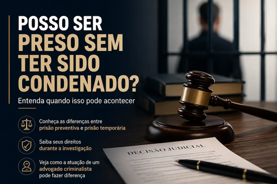 Martelo de juiz sobre documentos judiciais em primeiro plano e pessoa desfocada atrás de grades, ilustrando as hipóteses de prisão cautelar antes de uma condenação definitiva.