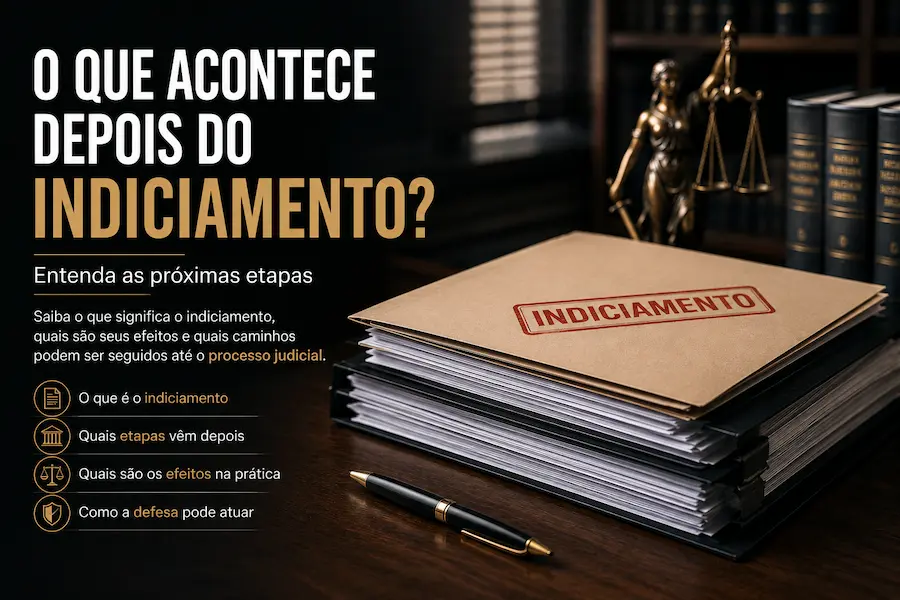 Documentos sobre indiciamento criminal, com destaque para as próximas etapas e a atuação da defesa.