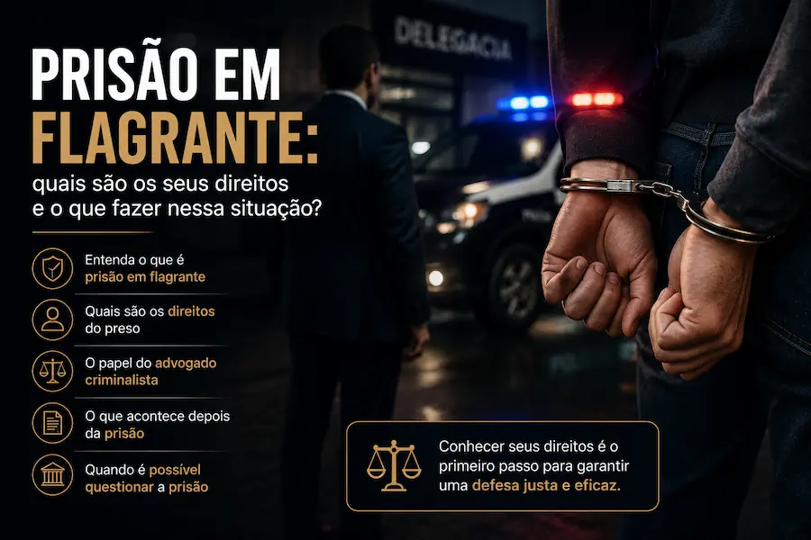 Capa sobre prisão em flagrante, com pessoa algemada ao lado de viatura policial e informações sobre os direitos do preso e a atuação do advogado criminalista.