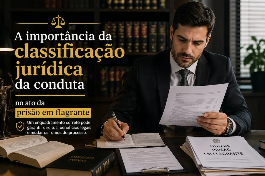 Advogado criminalista analisa documentos de um auto de prisão em flagrante em escritório jurídico, destacando a importância da correta classificação jurídica da conduta.