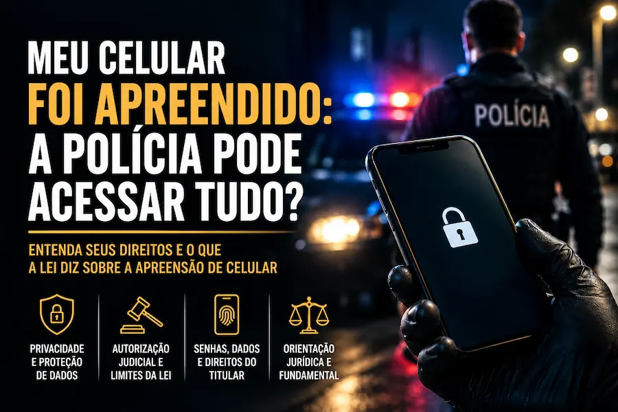 Celular apreendido pela polícia com tela bloqueada, em destaque diante de uma viatura policial, representando os limites legais para acesso a mensagens e dados do aparelho.