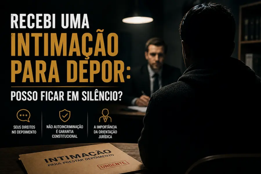 Pessoa diante de uma intimação para prestar depoimento, em ambiente jurídico, com advogado ao fundo e destaque para o direito ao silêncio e à não autoincriminação.