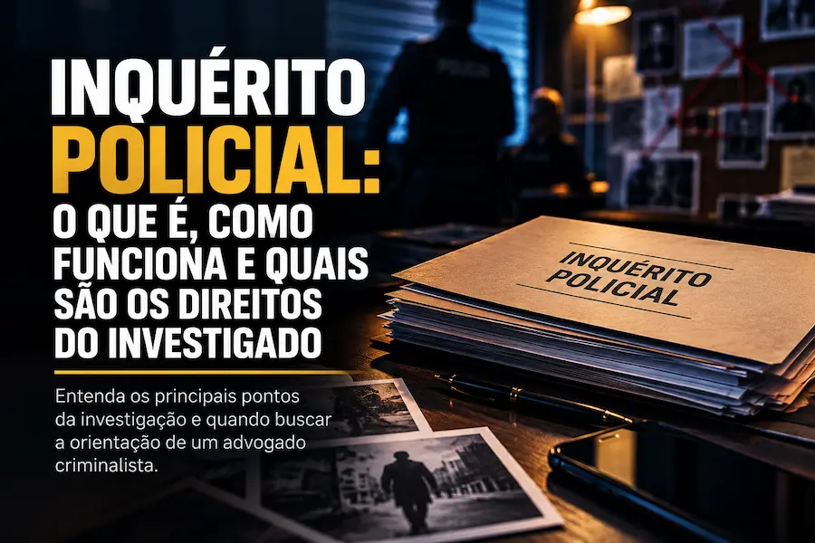 Inquérito policial em ambiente de investigação criminal, com documentos, fotografias e elementos de apuração, representando os direitos do investigado.