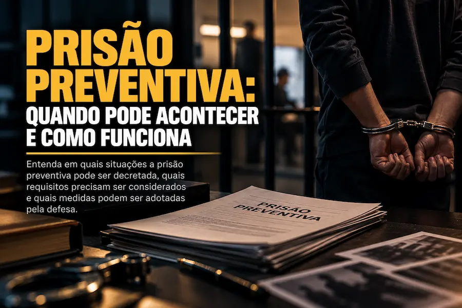 Prisão preventiva representada por pessoa algemada, com documentos judiciais sobre uma mesa e ambiente prisional ao fundo.